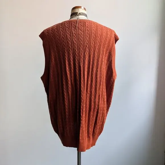 Vintage Silk Cable Knit Sweater Vest Rust Orange Grandpa Cottage Preppy Top XL - Picture 6 of 9